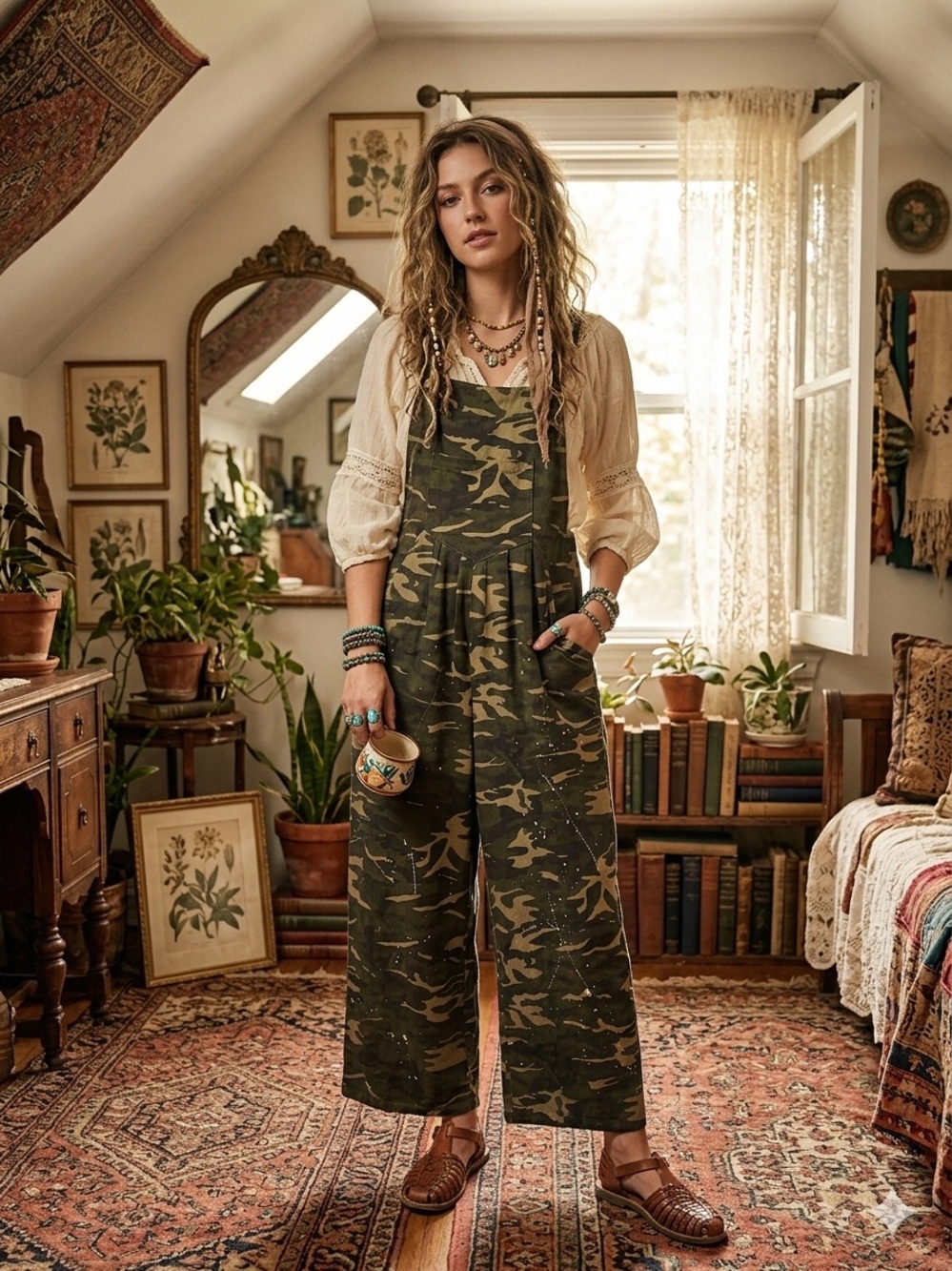Women's Olive Camo Wide-Leg overalls with Adjustable Straps